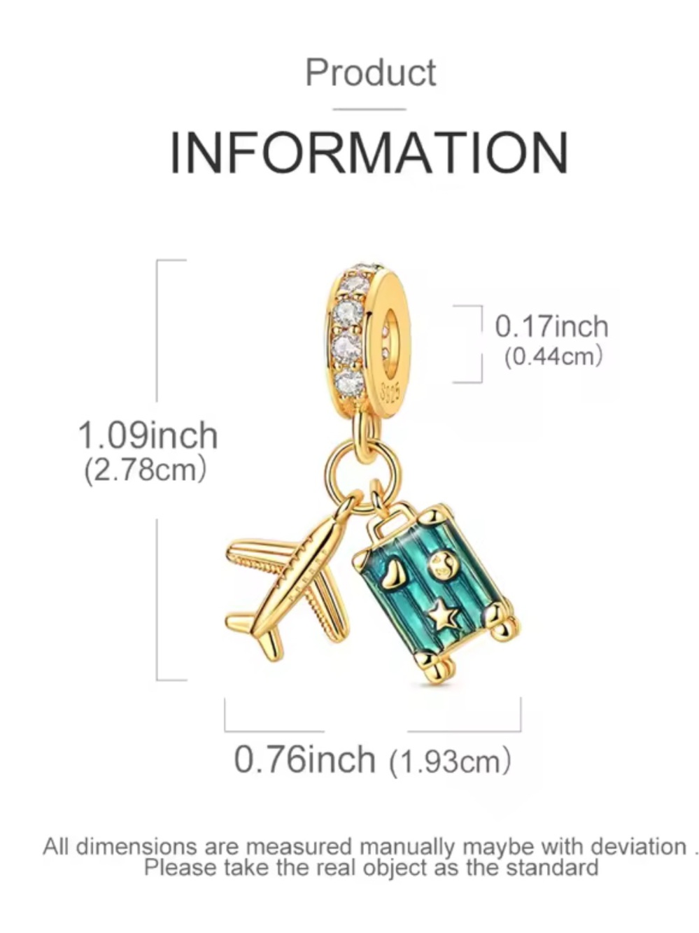 Pandora Gold Travel Charm Pendant with Teal Enamel Suitcase and Plane